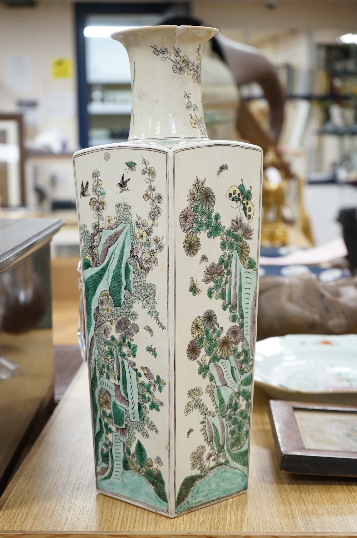 A large Chinese famille verte enamelled biscuit square vase, late 19th century, 50cm